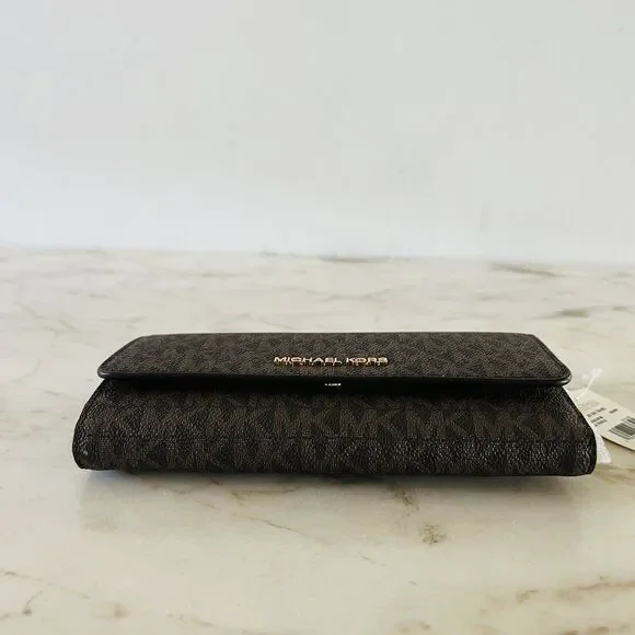 MICHAEL KORS Jet Set Travel Brown Logo Leather Tri-Fold Wallet - Picture 3 of 6